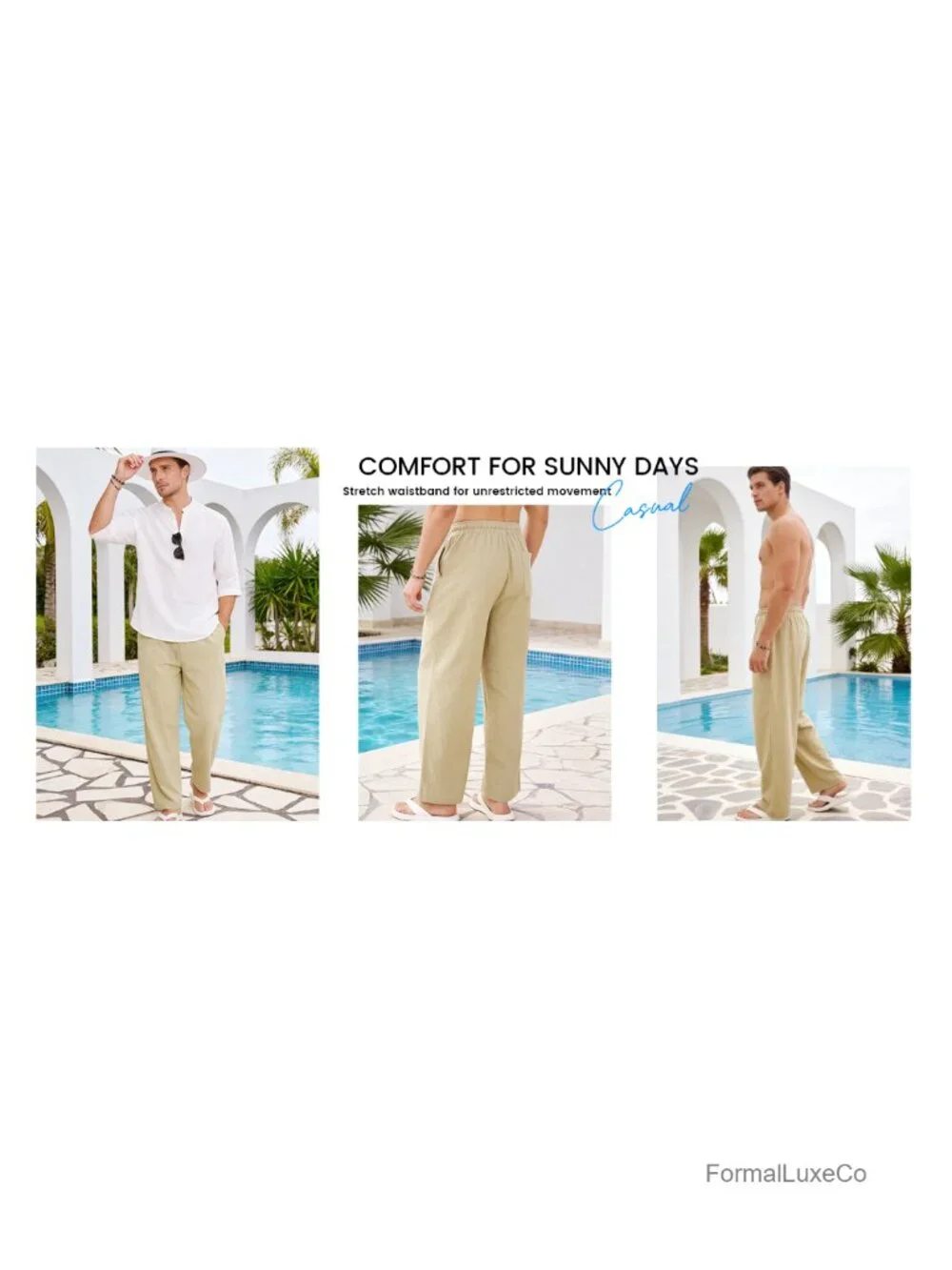 Men's Cotton Linen Pants Elastic Drawstring Lightweight Relaxed Fit Straight